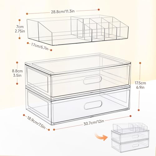 Aurblozen 3 Pack Clear Stackable Makeup Organizer with Drawers, 12"W Acrylic Storage