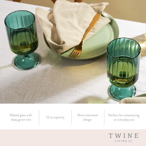 Ribbed Malachite Green Stemmed Goblets, 12 oz Vintage Glassware Set of 2