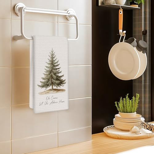 Vintage Tree Christmas Kitchen Towels 16x24in - Let Us Adore Him Xmas Dish Towel (Variation: Vintage Tree) by OINDADE
