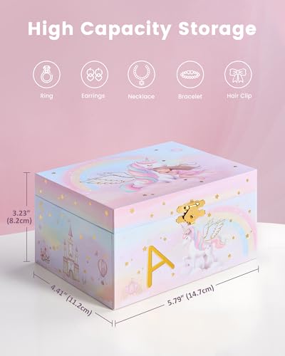 Unicorn Musical Jewelry Box for Girls with Spinning Doll - Letter A
