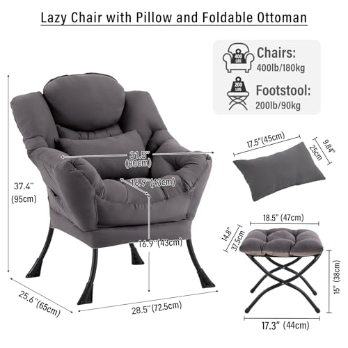 Modern Lazy Lounge Chair with Ottoman and Lumbar Pillow, Dark Grey