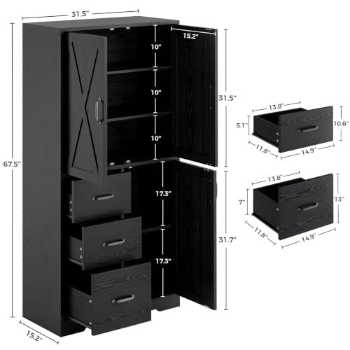 67.5" Tall Freestanding Kitchen Pantry Storage Cabinet with Doors & Drawer