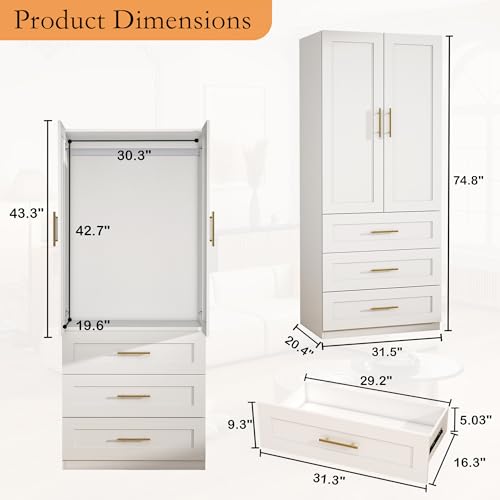 Modern White Wardrobe Armoire with 3 Drawers and Hanging Rod, 75 Inch
