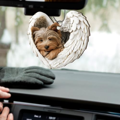 Wooden Dog Car Hanging Ornament Angel Wings Rearview Mirror Decor - Christmas Gift