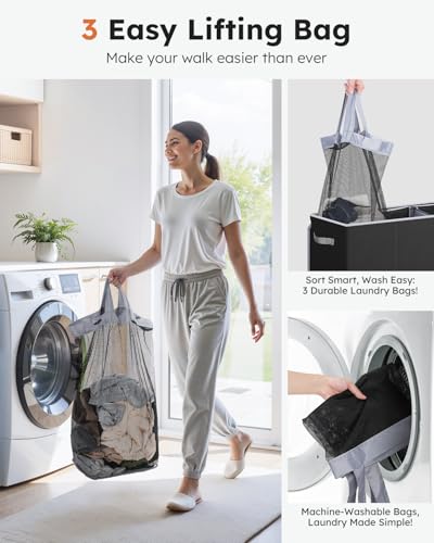 3-Section Laundry Hamper with Removable Bags & Lid, 180L Large Sorter