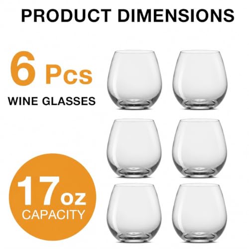 Stemless Wine Glasses Set of 6, 17 Ounce Lead-Free Crystal Clear Glassware