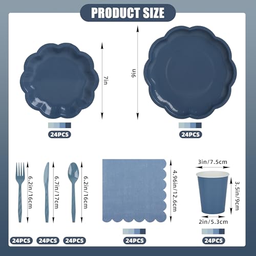 AimFun Dusty Blue Scalloped Plates & Napkins Party Set for 24 Guests (168 pcs)