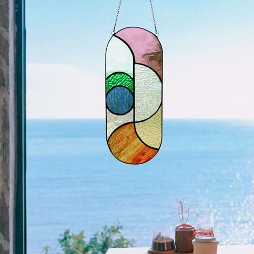 Handmade Stained Glass Suncatcher Panel - Geometric Design, 4.5" x 11"