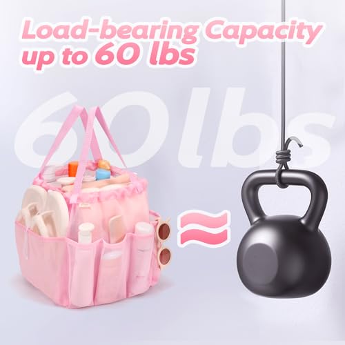 Mesh Shower Caddy Portable with Drawstring 8 Pockets Pink
