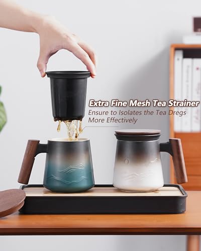 ZENS Blue Mountain 14.5oz Tea Mug with Infuser, Lid & Wooden Handle - Handcrafted Ceramic Steeper