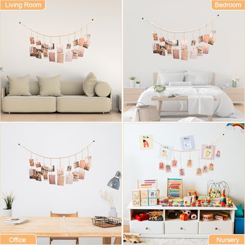 Boho Wooden Bead Hanging Photo Display with 18 Clips - 43-Inch Wall Garland