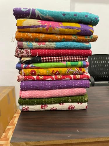 Handmade Vintage Kantha Quilt - Reversible Cotton Throw Blanket (54 x 84 inches)