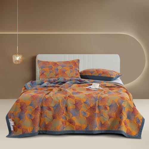 100% Cotton Muslin Blanket - Reversible Ginkgo Leaves Quilt, Queen