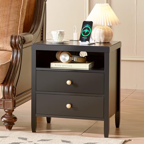 Black Nightstand Set of 2 with Charging Station and 2 Drawers