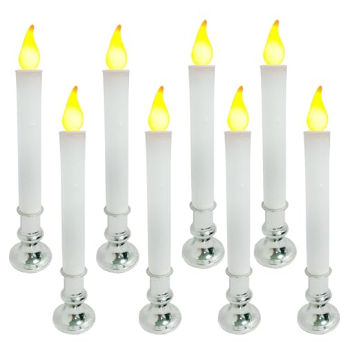 Silver 8-Pack Dusk-to-Dawn Sensor LED Christmas Window Candles - Battery Operated, Flameless Indoor Decor