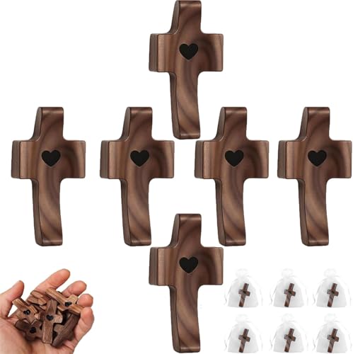 Wooden Pocket Prayer Crosses - Comforting Handheld Crosses (6 Pack)