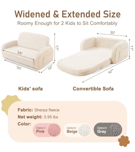 2-in-1 Sherpa Fold-Out Kids Couch, Convertible Foam Sofa Chair, Beige