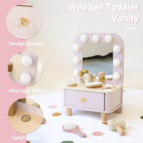 Wooden Toddler Makeup Vanity Set with Lighted Mirror and 10 Accessories