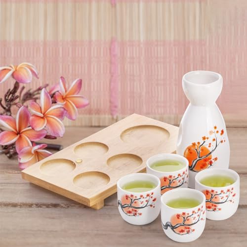 Tosnail 5-Inch Ceramic Japanese Sake Set with Carafe, 4 Cups & Bamboo Tray – Orange Blossom, 1 Serving
