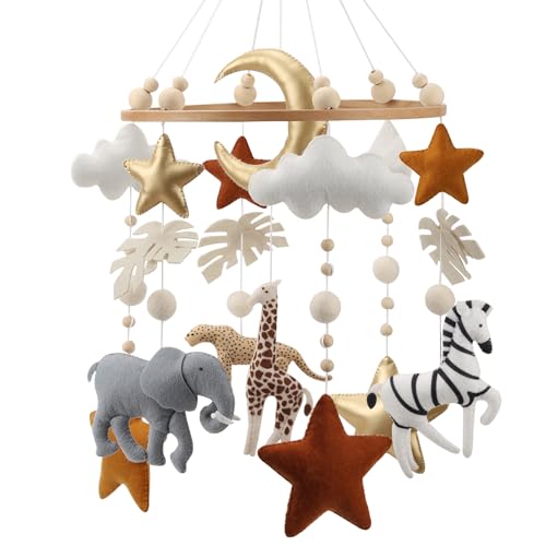 Safari Crib Mobile with Felt Gold Stars and Clouds - Gender Neutral Nursery