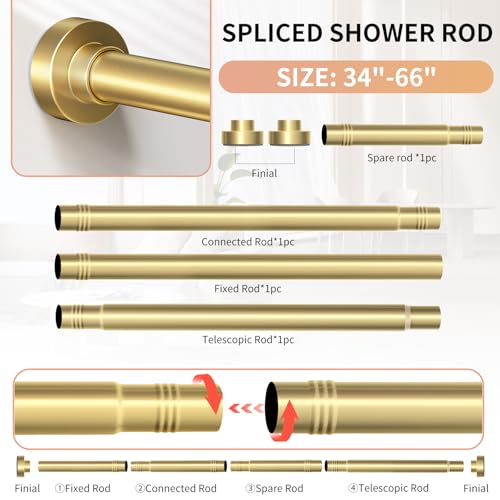 Emlaoe Gold Adjustable Shower Curtain Rod 34-66 Inch No Drill Tension