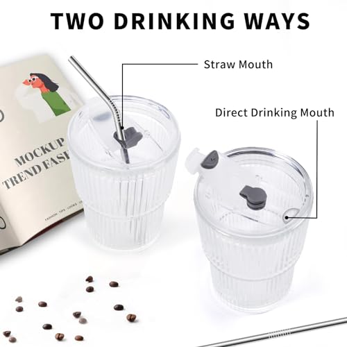 16 Oz Ribbed Reusable Iced Coffee Cups with Lids and Straws - Set of 2