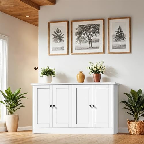 49-Inch White Buffet Cabinet with 4 Doors and Adjustable Shelves
