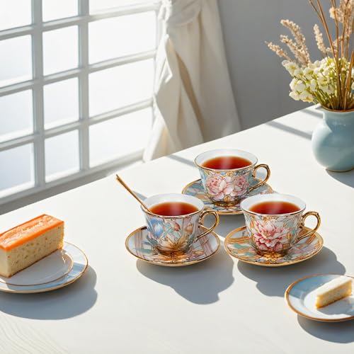 Qetoosur 6-Piece Vintage Floral Ceramic Tea Cup & Saucer Set, 8 OZ for Coffee & Tea