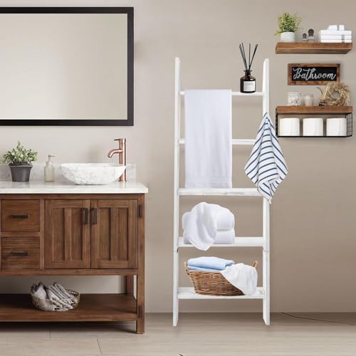 5-Tier Wooden Blanket Ladder - Farmhouse Wall-Leaning Quilt Rack