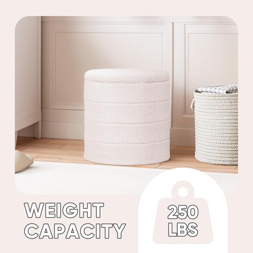 Round Folding Storage Ottoman with Wooden Tray, Boucle Foot Rest Stool