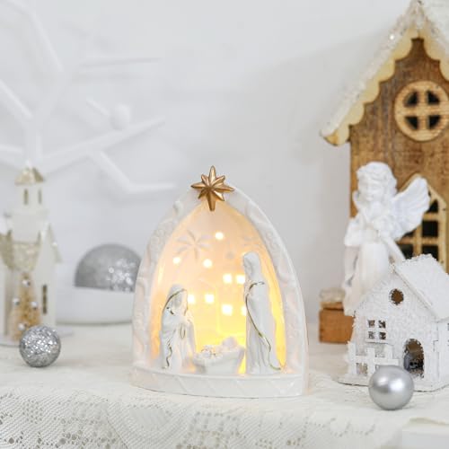 Lighted Ceramic Nativity Scene Set - Holy Family Tabletop Christmas Decor