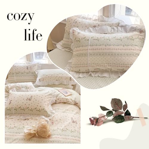 Twin Cotton Duvet Cover Set - Ruffle Strawberry Rabbit Print Bedding