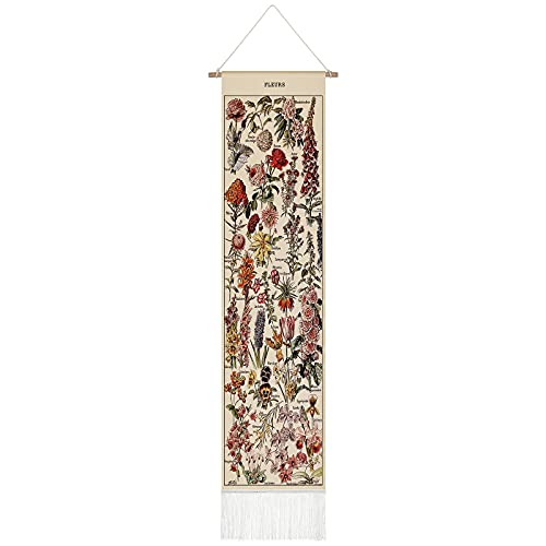 Vintage Botanical Vertical Wall Tapestry with Wooden Rod - 52" x 13"