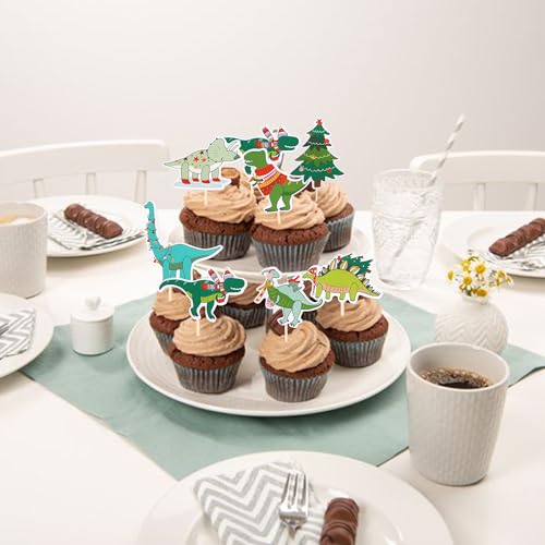 YCTHUNFISH 35 Pack Dinosaur Christmas Cupcake Toppers – 7 Patterns, Pre-assembled Party Picks (Variation 16)