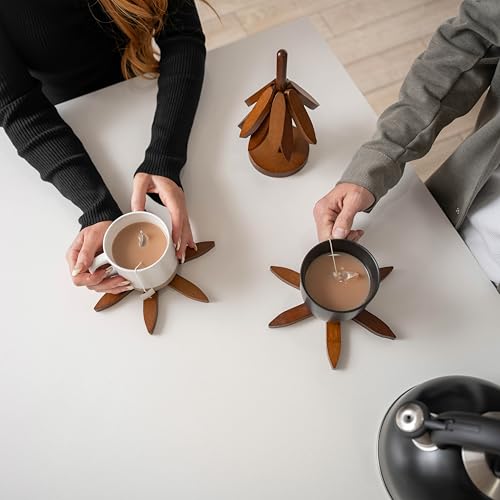 Walnut Wooden Tree Coasters & Foldable Trivets with Stand - Set of 4 (Nordora Walnut)