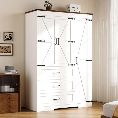 3-Door Bedroom Armoire Wardrobe with Drawers and Adjustable Shelves