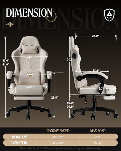 Ergonomic Gaming Chair with Bluetooth Speakers, Footrest and Recline, Off-White