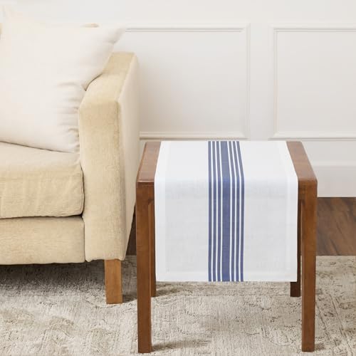 Navy & White Linen Table Runner 14x36 in - Handcrafted Farmhouse Decor