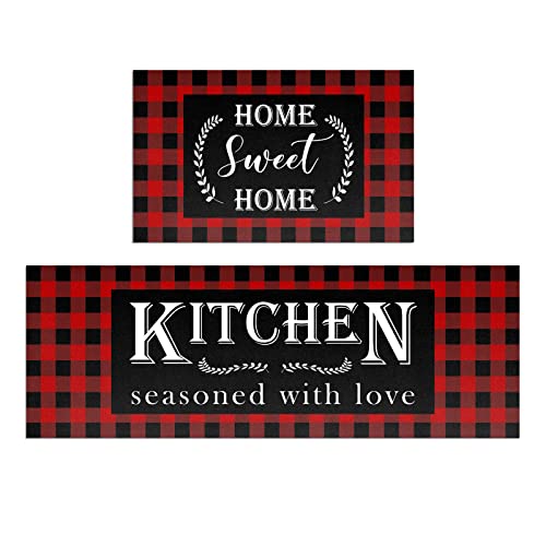 Red Buffalo Plaid Kitchen Mat Set of 2, Non-Slip Cushioned Floor Rugs