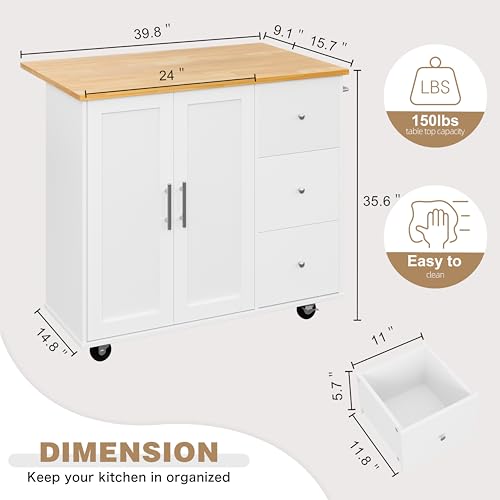 Rolling Kitchen Island with Folding Drop Leaf and Storage Cabinet