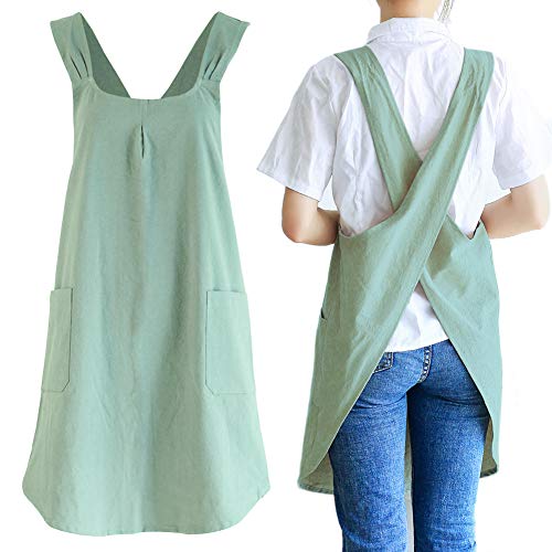 Japanese Cotton Linen Cross Back Apron with Pockets for Kitchen Cooking