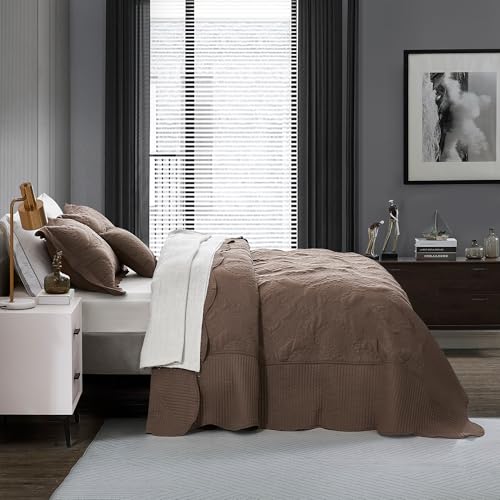 HZ & HY Oversized King Bedspread Set - 5-Piece Damask Quilt, Mocha