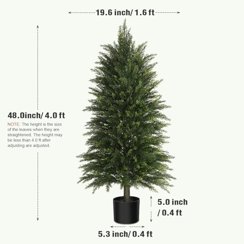 4ft Artificial Cedar Topiary Trees - Set of 2 Potted Faux Evergreen Shrubs