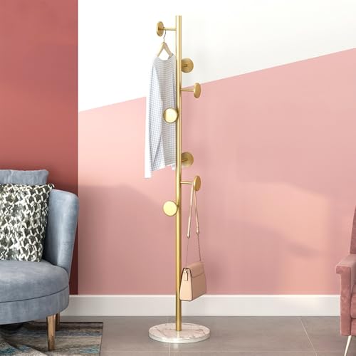 Freestanding Gold Coat Rack with Marble Base & 7 Hooks - 67 Inch