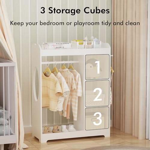Kids Dress Up Storage Rack with Mirror, Hanging Rod, and Shelves - White