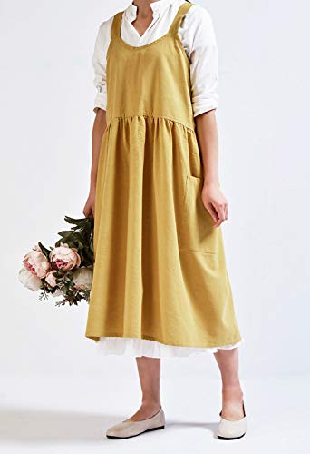 Cotton Linen Cross Back Pinafore Apron with Pockets - Yellow Smock