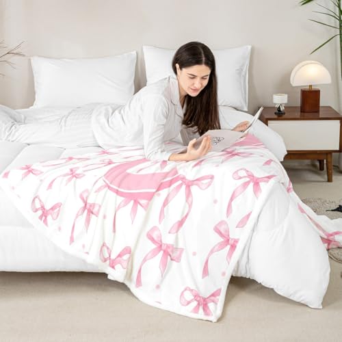 Pink C & White Bow Blanket Throw 50x60 Fleece & Sherpa Kids Teen Girl Decor
