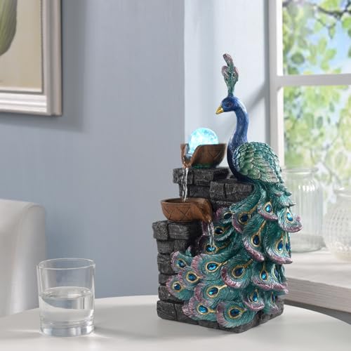 Peacock Tabletop Water Fountain with LED Color Changing Globe 14-inch