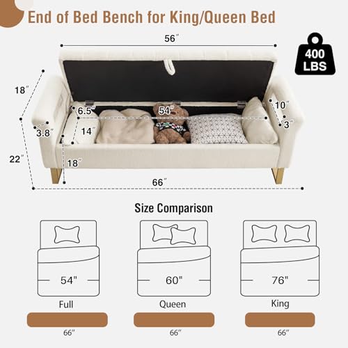66-Inch Teddy Fabric Storage Bench for Bedroom with Gold Legs and 2 Pillows