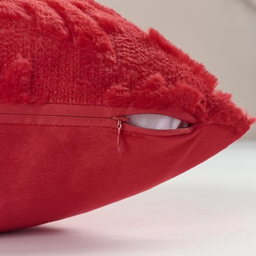 HAUSSY Christmas Throw Pillow Covers 12x20 Set of 2, Decorative Tree Lumbar Pillow Cases,Soft Faux Fur Winter Cushion Case for Xmas Home Decor,Couch Bed, Living Room,Red